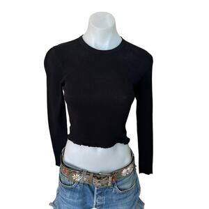 Thakoon Black Long Sleeve Crop Top MEDIUM Ribbed Cotton Fitted Bodycon Reworked
